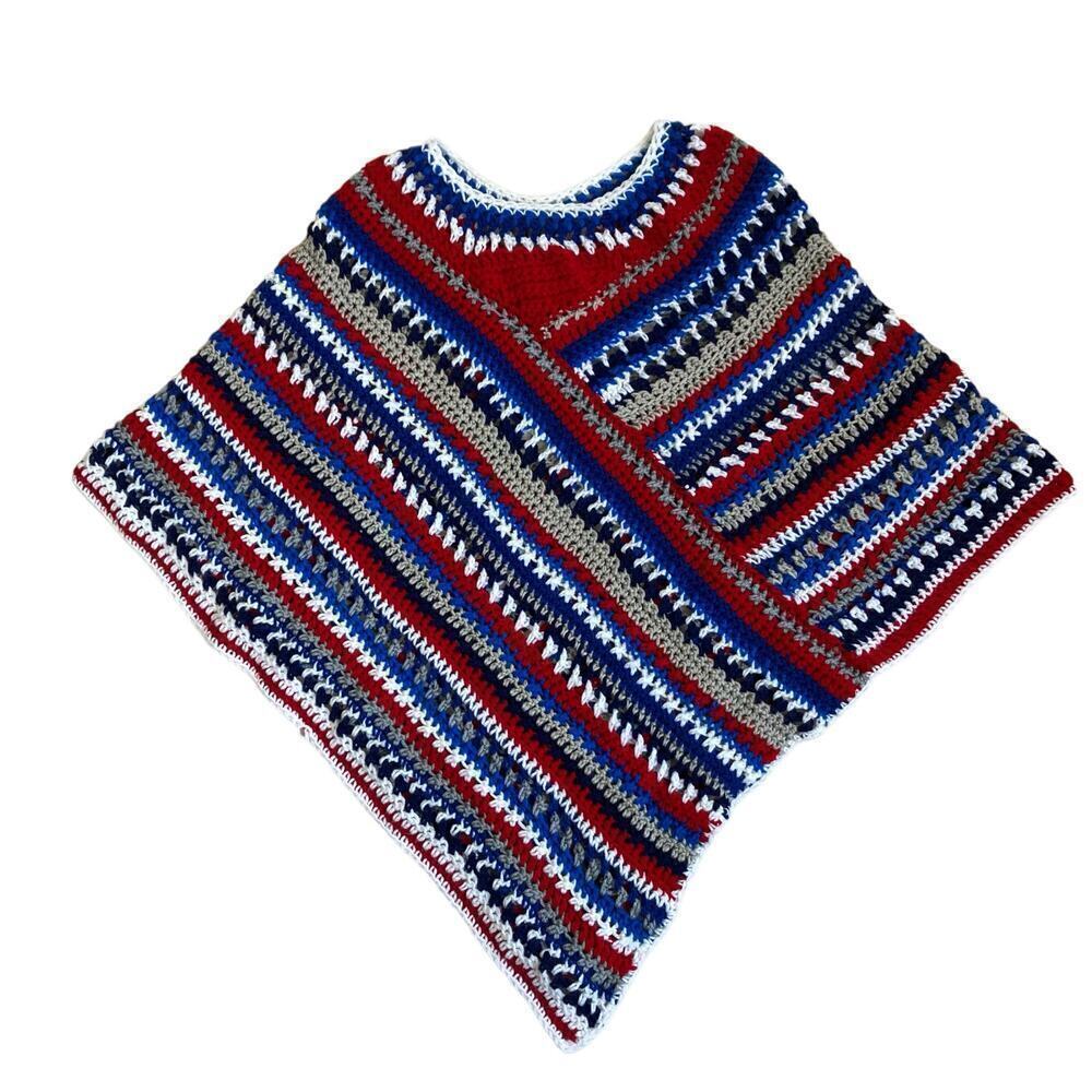 Handmade Boho Chunky Open Knit Crochet Poncho Patriotic Colors Textured OS - Picture 9 of 16